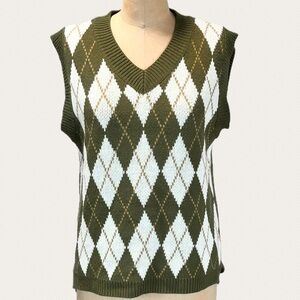 Preppy argyle diamond knit sweater vest‎ womens sleeveless layer tennis prep y2k
